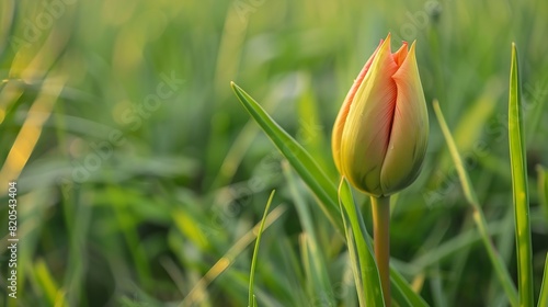 Closeup of an unopened tulip bud against a background of grass Top view : Generative AI photo