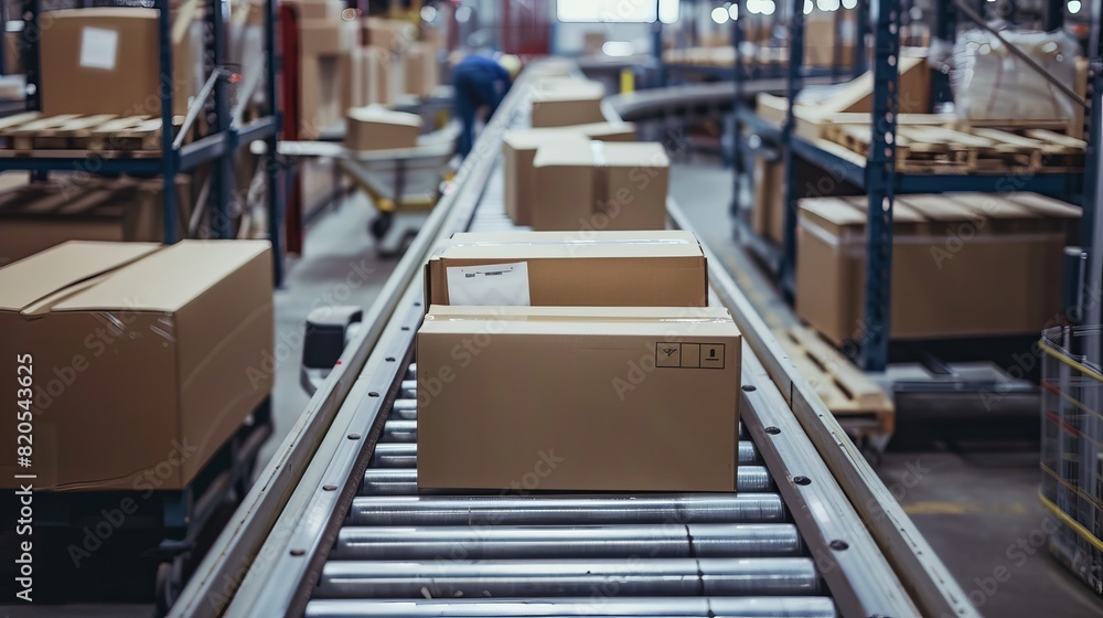 Detailed view of cardboard boxes on a moving conveyor belt in a fulfillment center, capturing the essence of modern warehouse operations Detailed view of cardboard boxes on a moving conveyor belt in a fulfillment center, capturing the essence of modern warehouse operations
