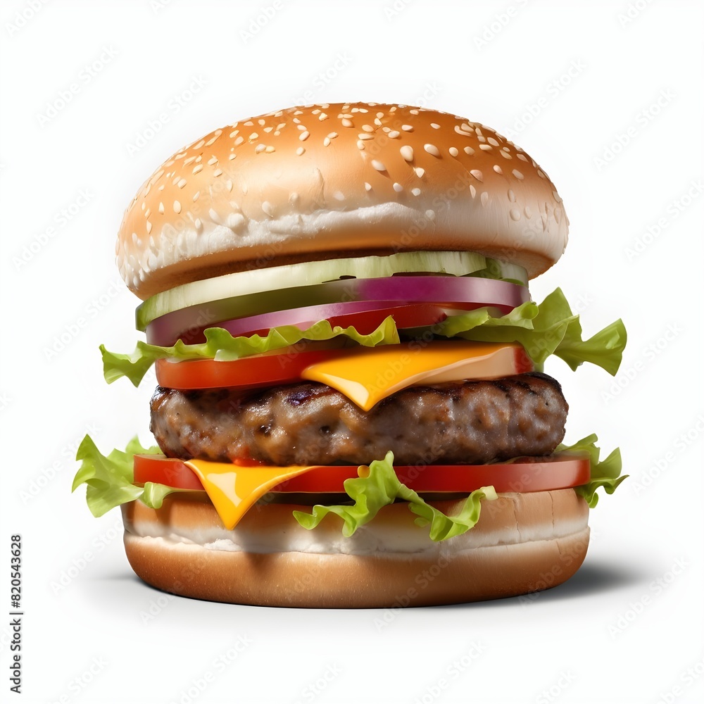 Classic burger with beef cutlet vegetables and onions isolated on a white background Classic burger with beef cutlet vegetables and onions isolated on a white background