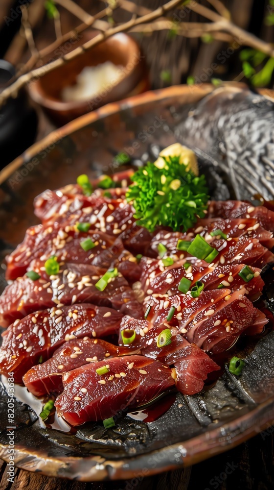 Horse meat sashimi, thinly sliced, served in a traditional Japanese izakaya Horse meat sashimi, thinly sliced, served in a traditional Japanese izakaya