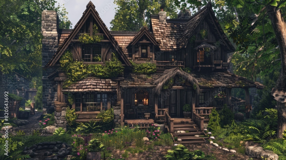 Rustic hunting house in the forrest. Generative AI Rustic hunting house in the forrest. Generative AI