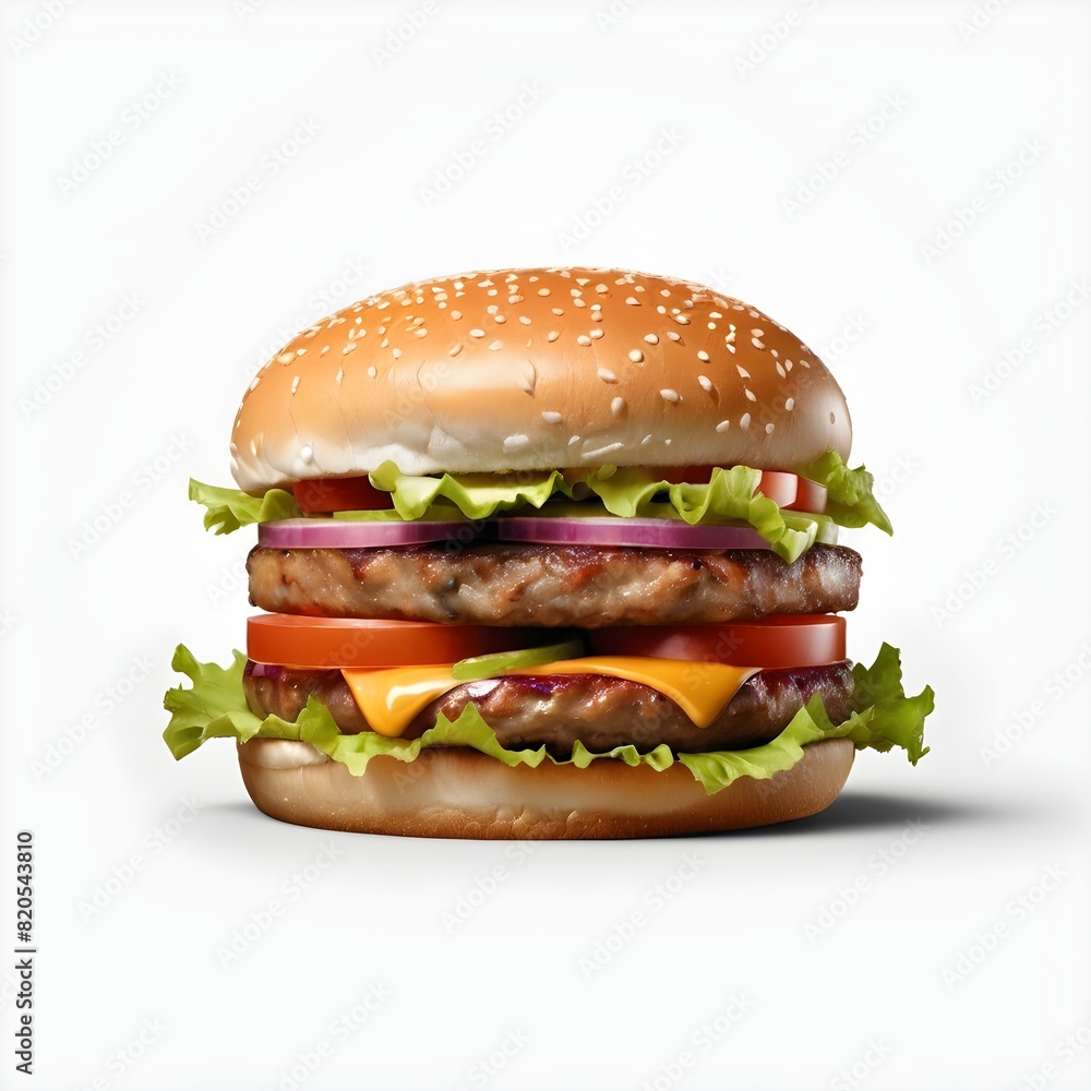 Classic burger with beef cutlet vegetables and onions isolated on a white background