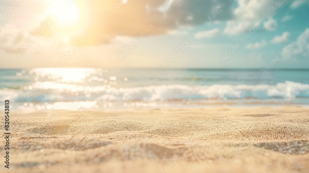 Abstract blur defocused background nature of tropical summer beach with rays of sun light Golden sand beach sea water against blue sky with white clouds Copy space summer vacation conc : Generative AI Abstract blur defocused background nature of tropical summer beach with rays of sun light Golden sand beach sea water against blue sky with white clouds Copy space summer vacation conc : Generative AI
