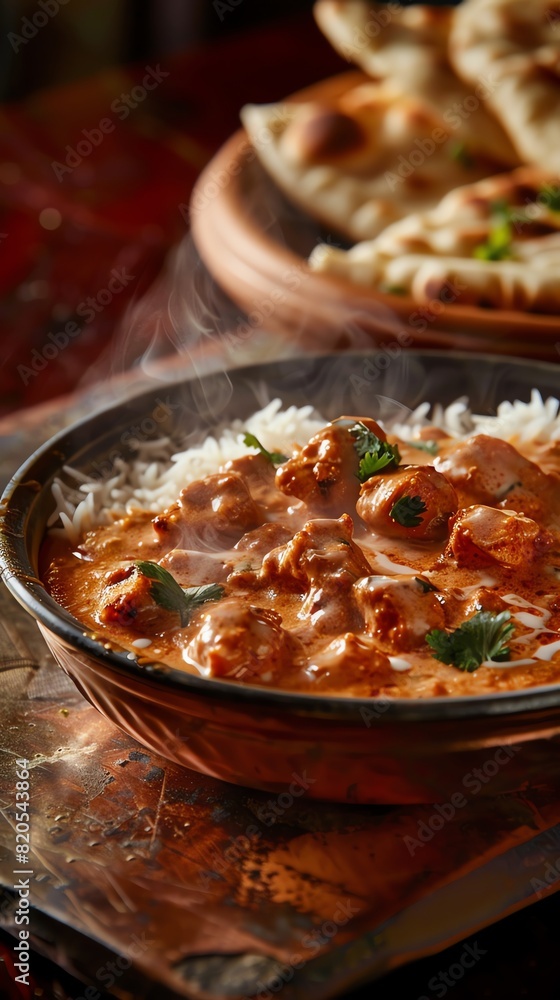Indian butter chicken, creamy and rich, served with basmati rice and naan, warm ambient lighting in a traditional Indian restaurant Indian butter chicken, creamy and rich, served with basmati rice and naan, warm ambient lighting in a traditional Indian restaurant