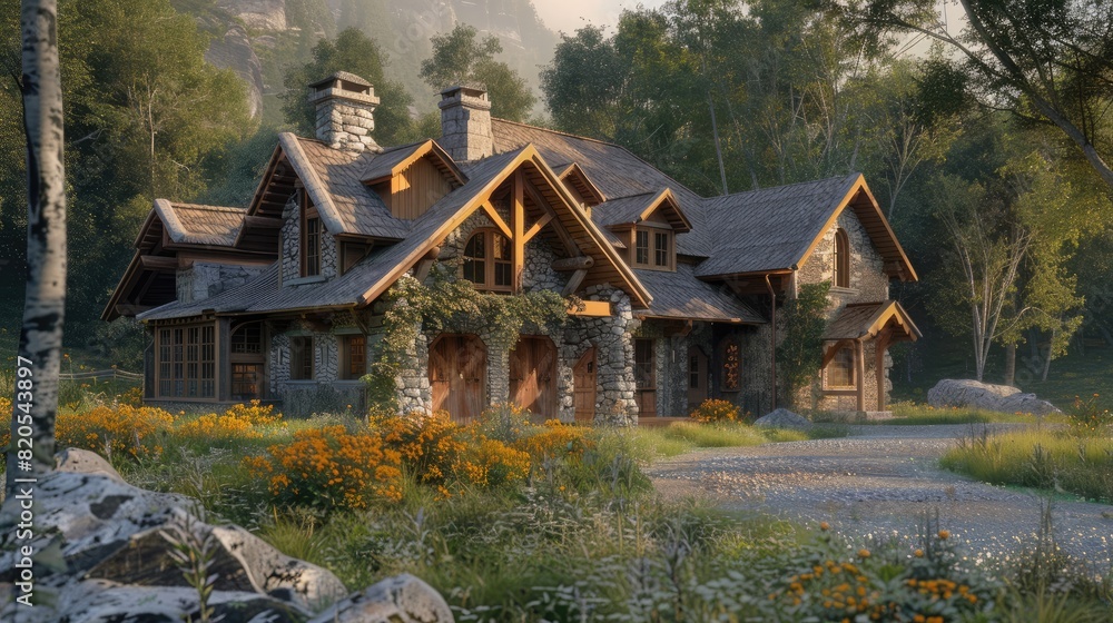 Rustic hunting house in the forrest. Generative AI Rustic hunting house in the forrest. Generative AI