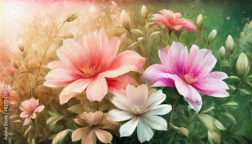A soft digital painting depicting dreamy pink and white flowers against a warm, sunlit background.. AI Generation