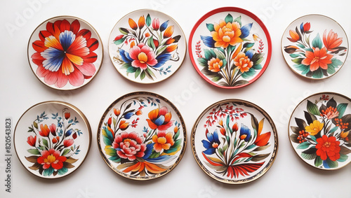 eight round plates with colorful floral designs.