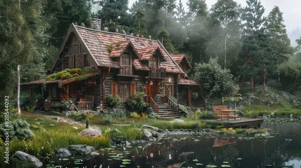 Rustic hunting house in the forrest. Generative AI