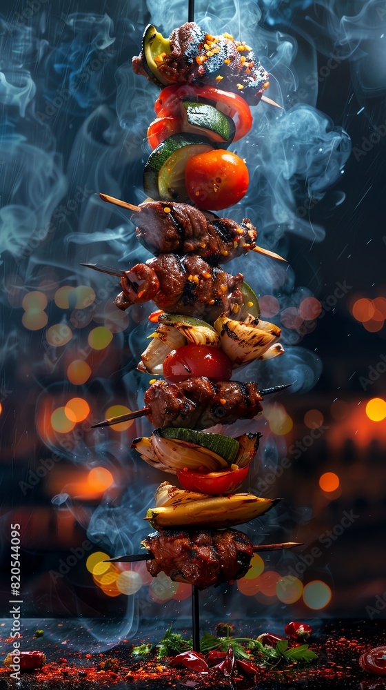 Kebab, grilled meat with vegetables on a skewer, vibrant Istanbul street at night
