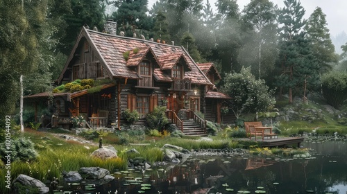Rustic hunting house in the forrest. Generative AI © Dvid