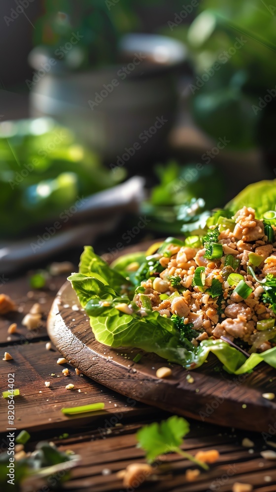 Larb gai, spicy minced chicken salad, served in a lettuce wrap, rustic wooden table, soft sunset lighting Larb gai, spicy minced chicken salad, served in a lettuce wrap, rustic wooden table, soft sunset lighting