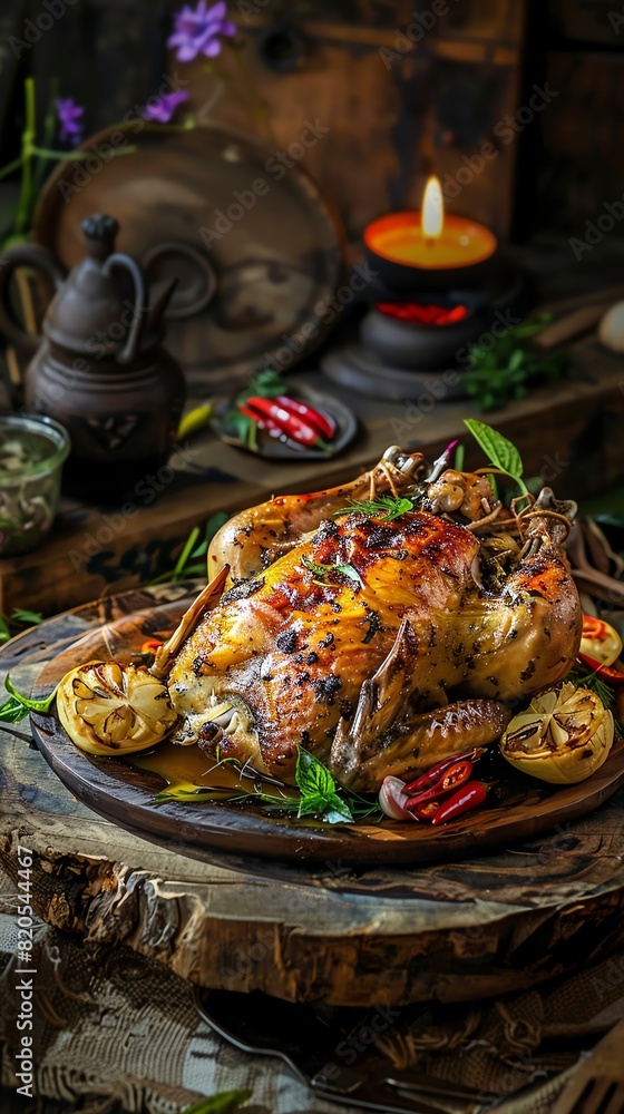 Lemongrass roasted chicken, whole bird, rustic wooden platter, outdoor village feast