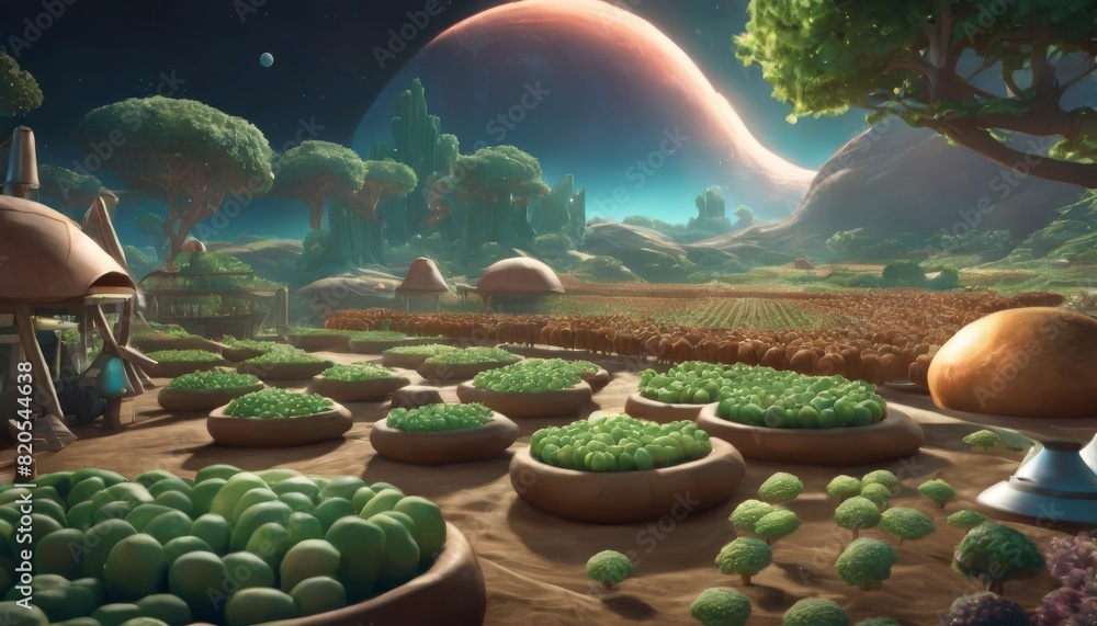 Fototapeta premium An extraterrestrial farm boasts diverse alien vegetation on a vibrant exoplanet, with a scenic cosmic backdrop.. AI Generation