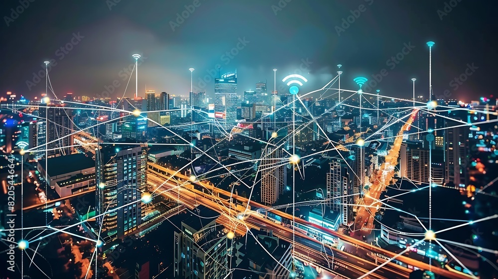 Smart city and communication network concept 5G IoT Internet of Things Telecommunication : Generative AI