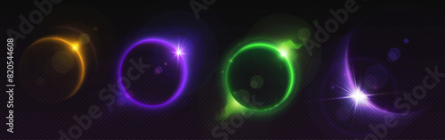 Solar full eclipse abstract neon light circle and crescent on dark transparent background. Realistic vector illustration set of colorful bright glowing ring. Sun corona flare. Moon covering sun effect