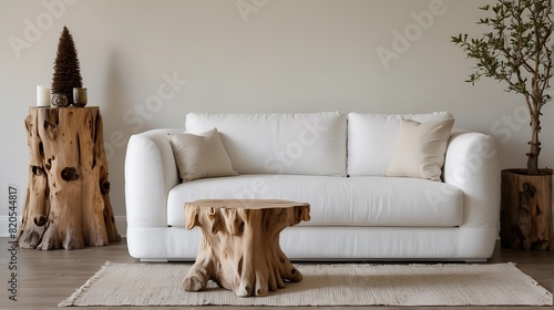 A low-angle shot of the white sofa. Aesthetic style photo