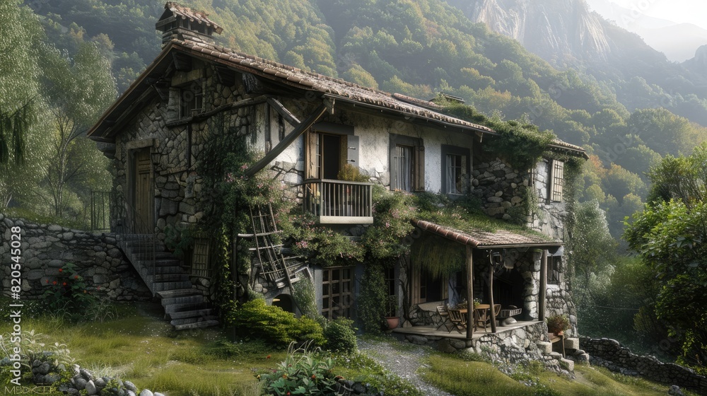 Rustic hunting house in the forrest. Generative AI Rustic hunting house in the forrest. Generative AI