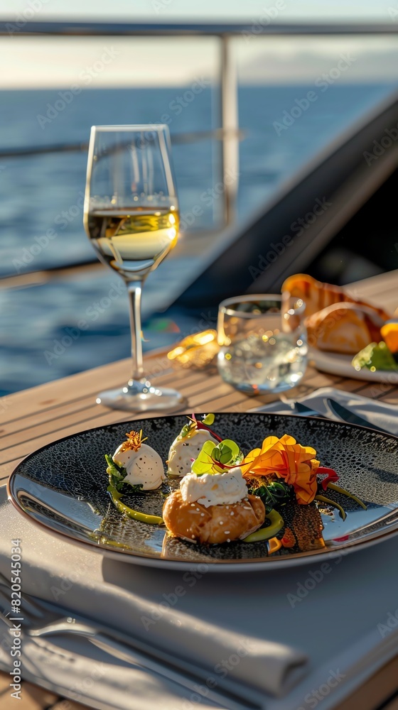 Monaco barbagiuan, stuffed pastry with ricotta and swiss chard, assortment on a fine porcelain plate, luxury yacht deck, opulent setting Monaco barbagiuan, stuffed pastry with ricotta and swiss chard, assortment on a fine porcelain plate, luxury yacht deck, opulent setting