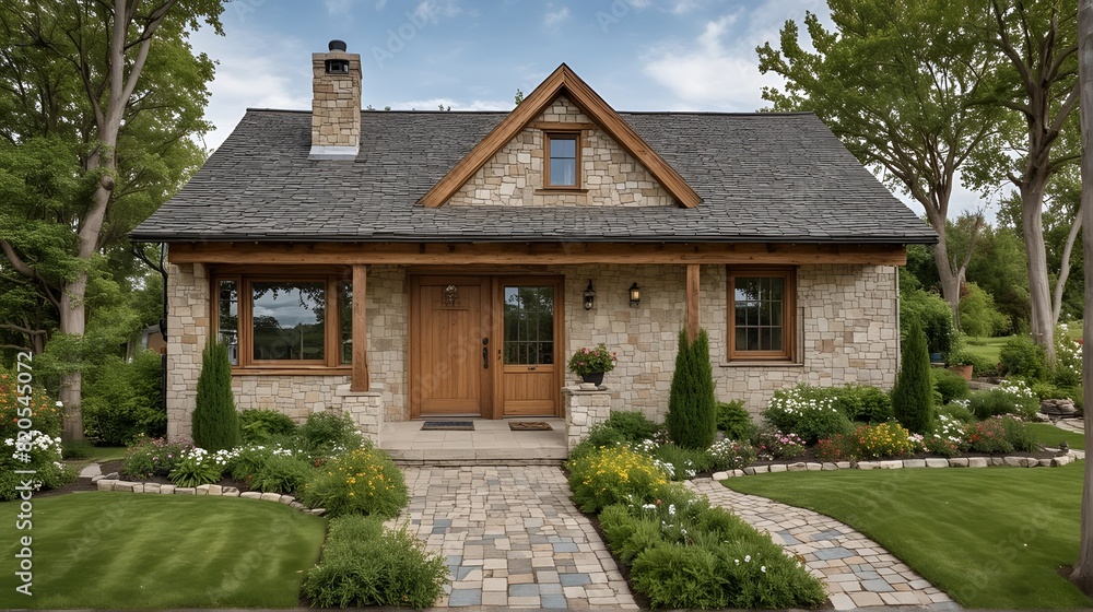 A wide-angle shot of the cottage with front yard. Side view