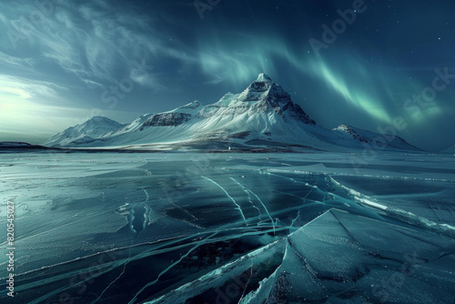 A frozen lake witn cracks, there is a snowcap mountain in the background. Aurora glowing in the sky