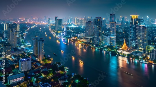 Smart network and Connection technology concept with Bangkok city background at night in Thailand Panorama view : Generative AI