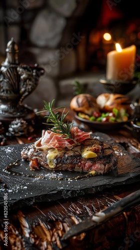 Montenegrin Njegusi steak  filled with Njegusi cheese and prosciutto  served on a dark slate plate  mountain tavern ambiance  soft candle lighting