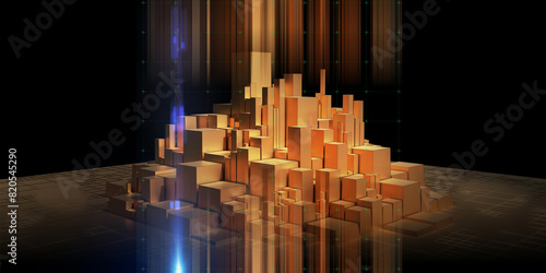 Abstract background wireframe golden graph from boxes and blurred lines with light. Big Data. Technology wireframe concept virtual data box. Banner for business, science and technology data analytics.