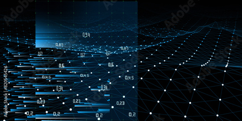 Abstract  background wavy blue wireframe and data lines on dark. Technology wireframe concept data in virtual space. Banner for business, science and technology data analytics. Big Data.