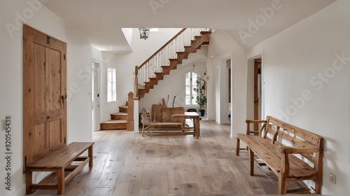 A wide-angle shot of the entrance hall, the staircase, and the rustic wooden bench. selective focus photo