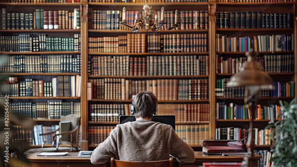 A person working on a laptop in a cozy library surrounded by a vast collection of books, creating an inspiring and studious atmosphere. A person working on a laptop in a cozy library surrounded by a vast collection of books, creating an inspiring and studious atmosphere.