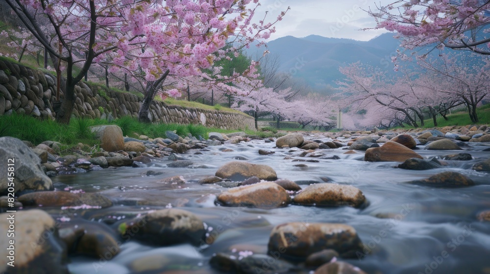 River flowing through forest in the fall. Cherry blossoms in full bloom