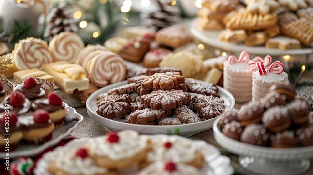 Christmas sweets table with cookies, candies, and pastries in festive atmosphere