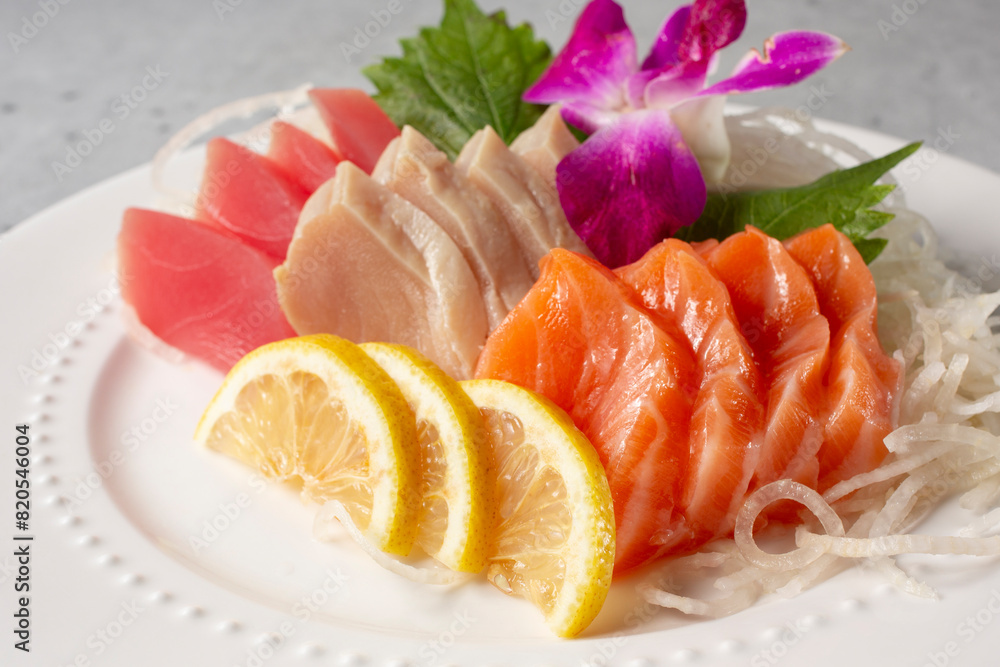 A view of a plate of assorted sashimi. A view of a plate of assorted sashimi.