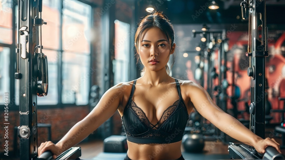 Fototapeta premium Strong and vibrant Asian lingerie model demonstrating Pilates reformer workout wearing form enhancing stylish lingerie