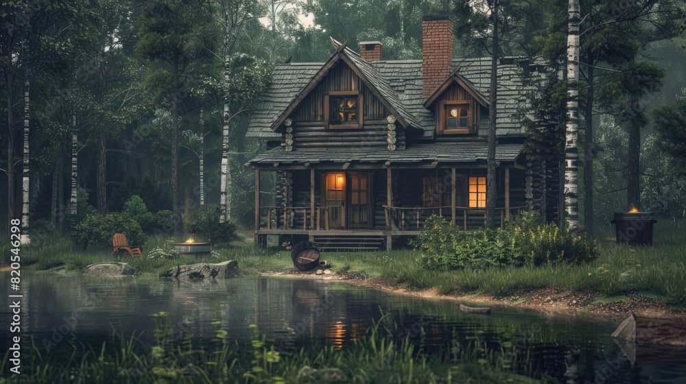 Rustic hunting house in the forrest. Generative AI