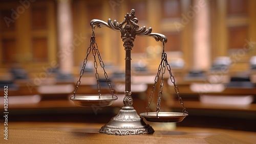 Scales of justice in a courtroom setting, symbolizing law, balance, and fairness. Ideal for legal, law, and justice-related themes.