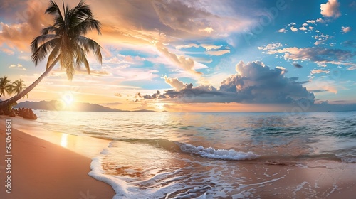 Island palm tree sea sand beach Panoramic beach landscape Inspire tropical beach seascape horizon Orange and golden sunset sky calmness tranquil relaxing summer mood Vacation travel ho : Generative AI