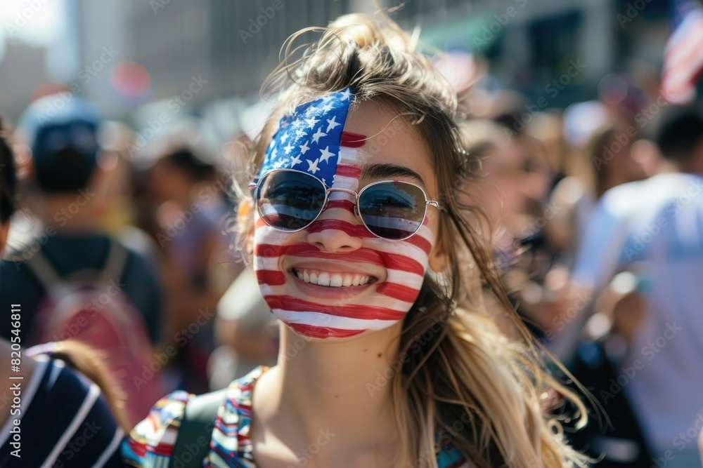 young woman with an American flag painted on her face. american independence day. the symbol of the united states young woman with an American flag painted on her face. american independence day. the symbol of the united states