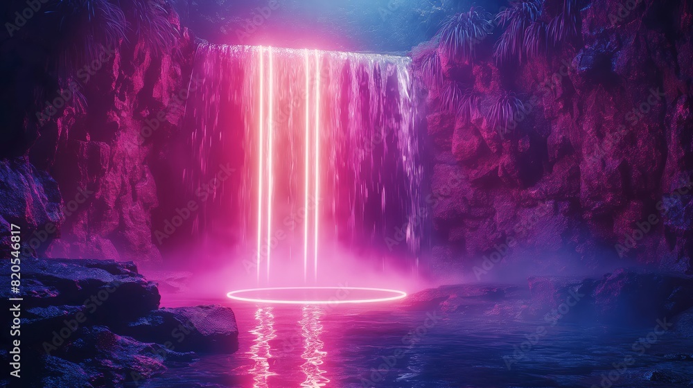 custom made wallpaper toronto digitalMagical neon waterfall Emits beautiful pink light, Creating a hypnotic atmosphere with misty surroundings in enchanting landscape.