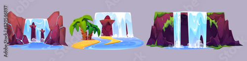 Cartoon waterfall on rocky cliff mountain with green grass and moss, palm trees on sandy shore. Vector set of river and lake elements for creation of summer landscape. Water falling from stone.