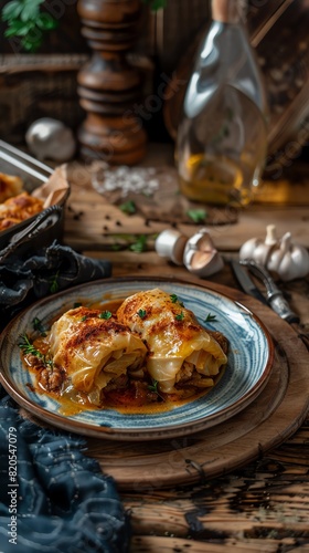 Romanian sarmale, cabbage rolls filled with spiced meat and rice, traditional ceramic plate, rustic wooden table with vintage eastern European feel
