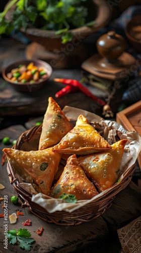 Samosas, deepfried and filled with spiced potatoes and peas, bustling Indian market photo