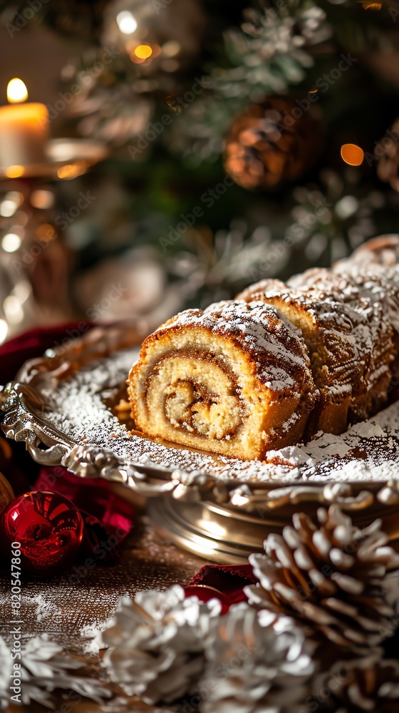 Slovenian potica, nut roll cake, slice showing the swirls, traditional holiday setting, festive decorations, warm family gathering Slovenian potica, nut roll cake, slice showing the swirls, traditional holiday setting, festive decorations, warm family gathering