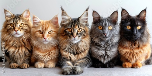 various kinds of cats sitting side by side, studio photography on white background