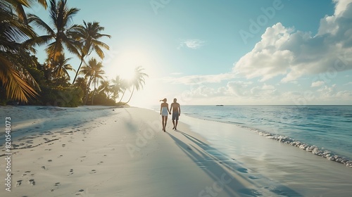 A couple walking in the morning sunshine on a tropical beach baa atoll maldives : Generative AI photo