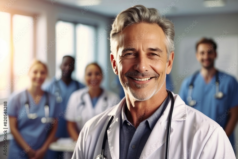 cheerful mature doctor and team in hospital cheerful mature doctor and team in hospital