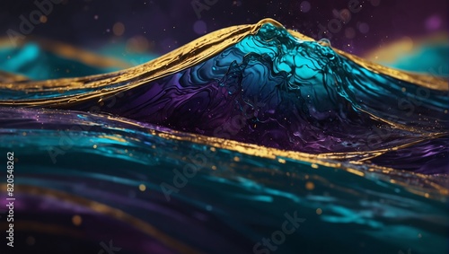 Dreamy abstract art showcasing turquoise waves, regal purples, and shimmering gold details, ideal for modern d?©cor. photo