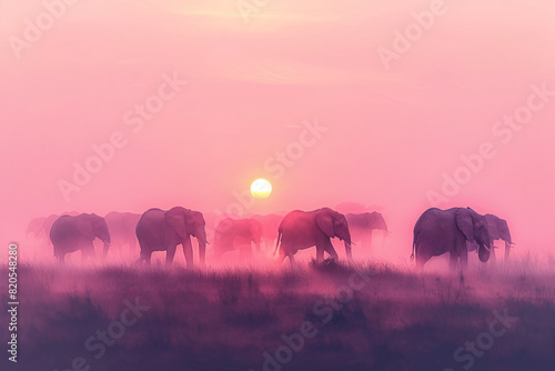 a photo of herd of elephants walking away in a misty morning with sunrise in the background