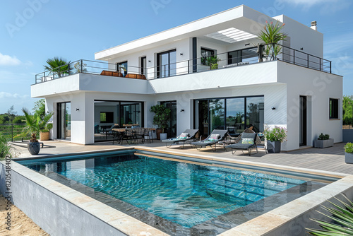 Beautiful exterior of a luxury double story house with pool. Created with Ai