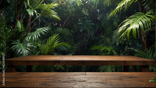 Empty wooden table top product display showcase stage with tropical lush jungle leaves background.